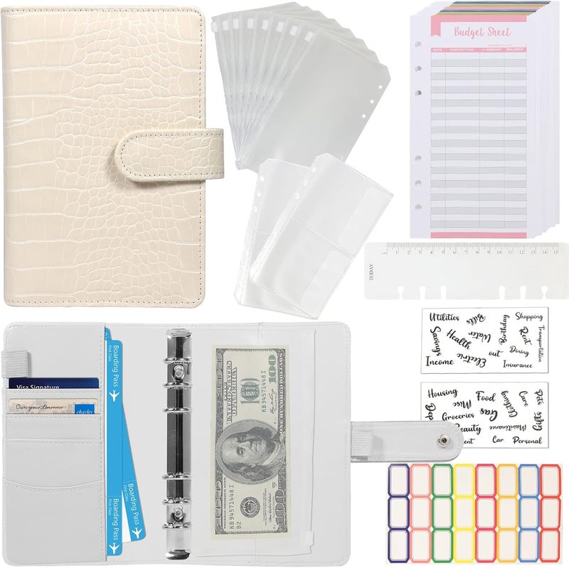 eleger Budget Binder with Zipper Envelopes - Crocodile Pattern Leather Money Organizer, Cash Saving Book Budgeting Planner, cash stuffing folder envelope system, A6 Bill Binders with Pockets, Beige - Image 1